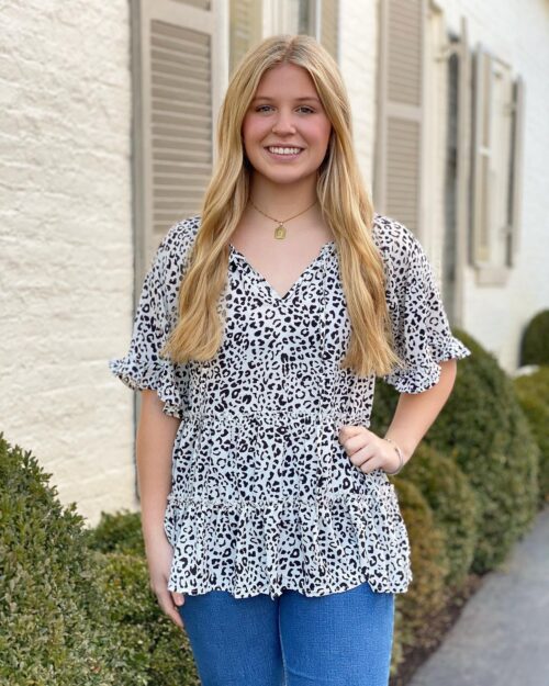 White Cheetah Ruffle Sleeve Blouse