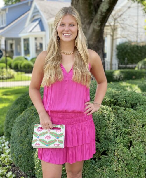 Pink Split Ruffle Neck Tie Mini Dress