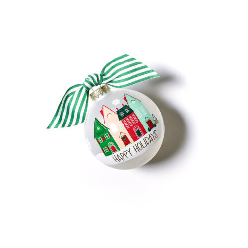 Happy Holidays Vintage Village Glass Ornament