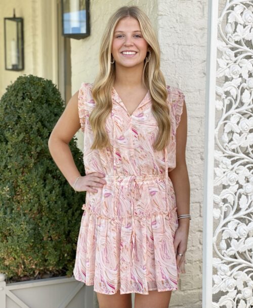Peach Abstract Sleeveless Ruffle Dress