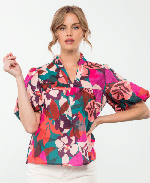 Teal Puff Sleeve Floral Top (2559)