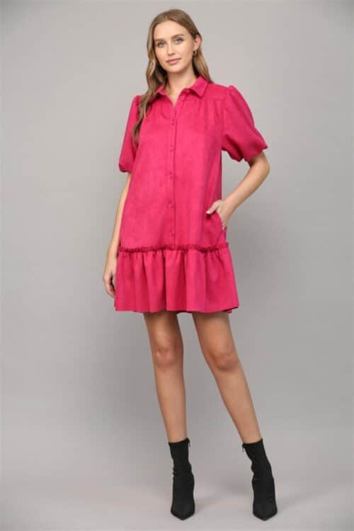 Suede Button Front Puff Sleeve Dress - Image 3