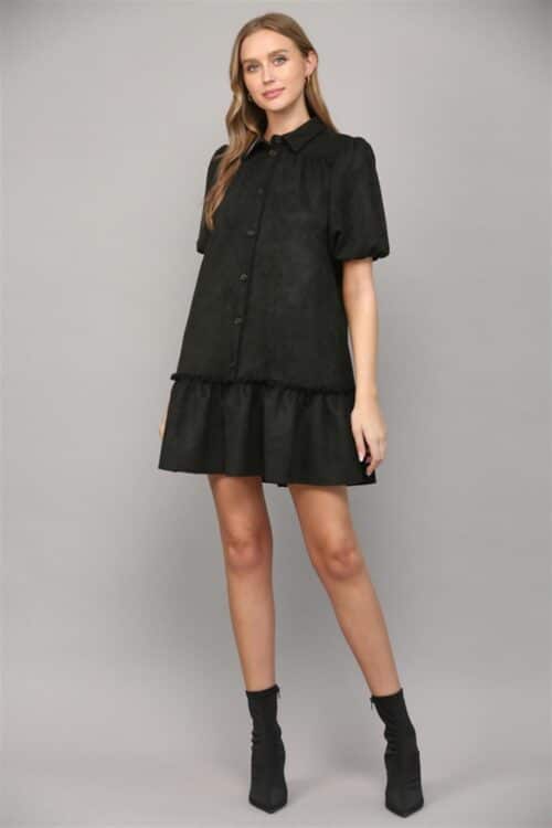 Suede Button Front Puff Sleeve Dress - Image 4