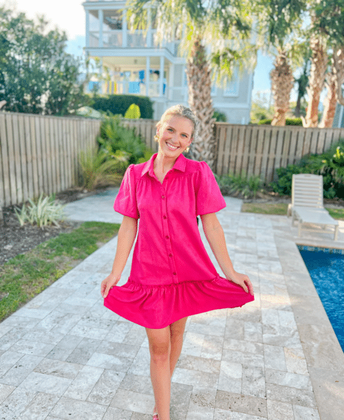 Suede Button Front Puff Sleeve Dress