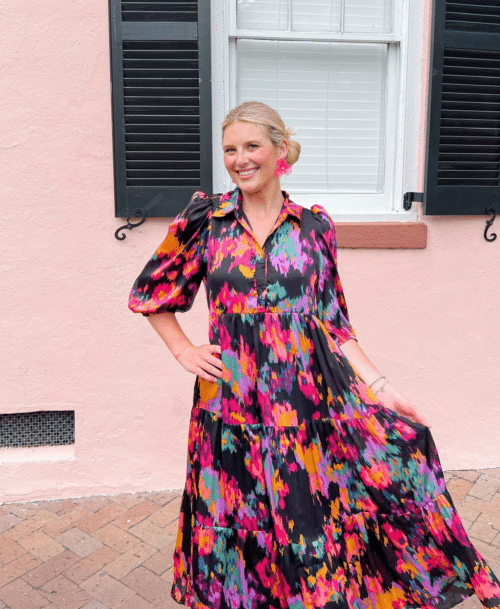 Black Multi Color Collared Puff Sleeve Midi