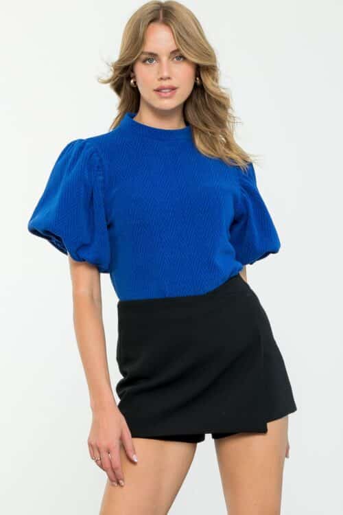 Blue Corduroy Puff Sleeve Top (1403) - Image 2