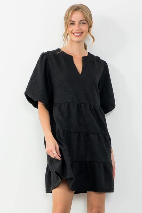 Black Puff Sleeve Textured Dress (1960) - Image 2