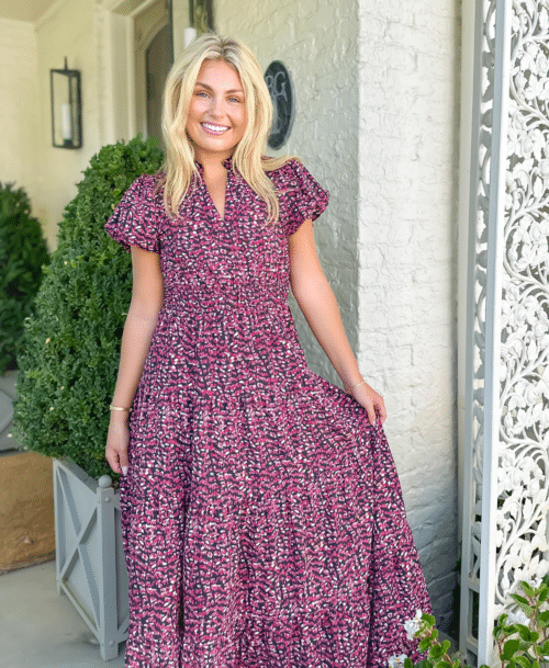 Pink Abstract Puff Sleeve Midi Dress