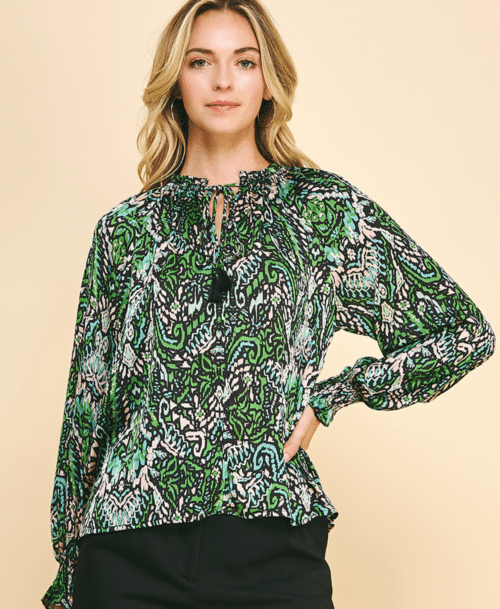 Green Multi Abstract L/S Blouse