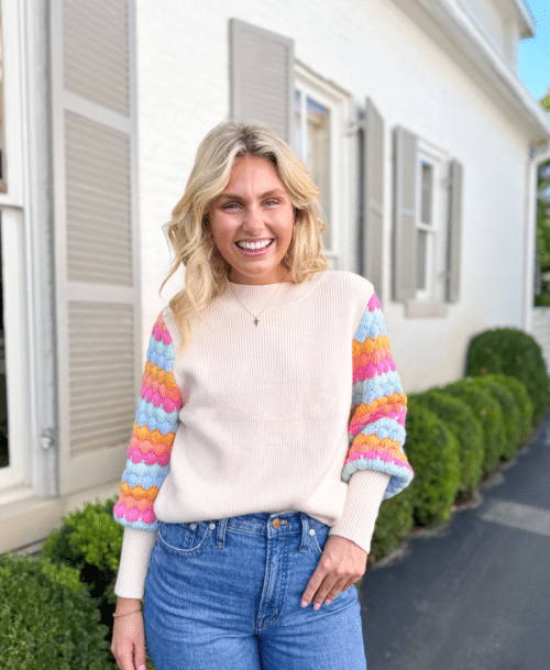 Cream Rib Knit Pattern Sweater (0063)