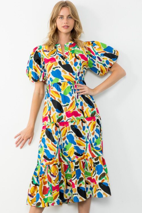 Cream Multi ColorTiered Midi Dress (1685) - Image 2