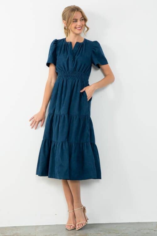 Blue Corduroy Tiered Midi Dress (1413) - Image 2