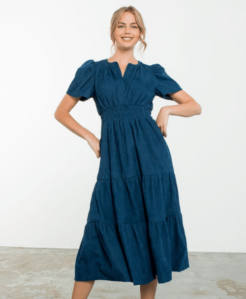 Blue Corduroy Tiered Midi Dress (1413)