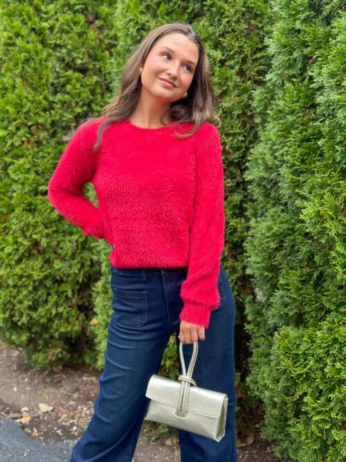 Red Textured Knit Sweater - Image 2