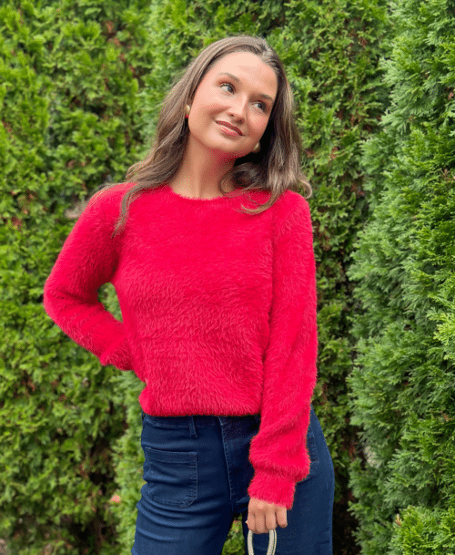 Red Textured Knit Sweater