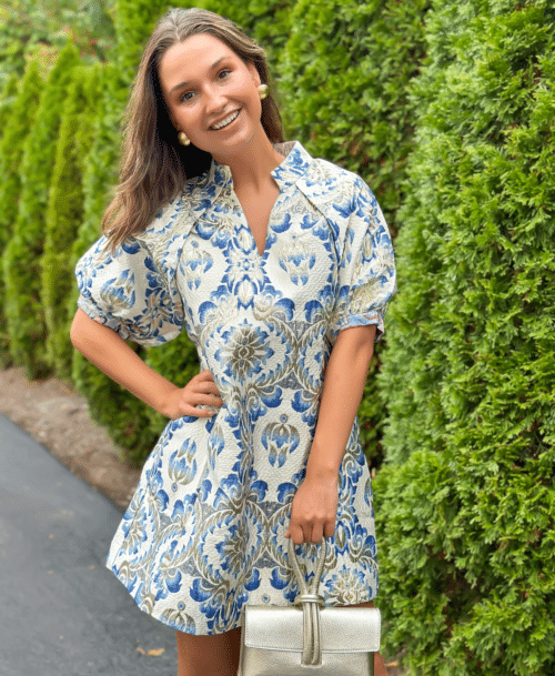 Blue/Silver Metallic Puff Sleeve Dress