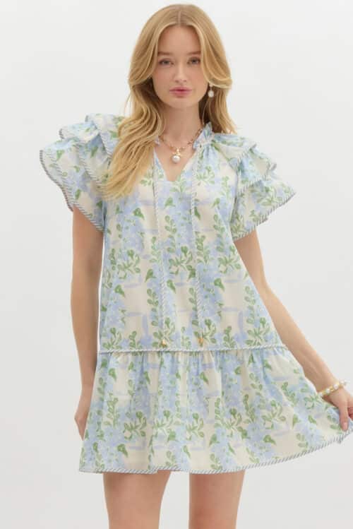 Blue Hydrangea Ruffle Sleeve Dress