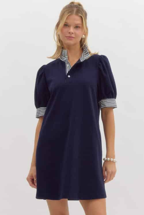 Navy Stripe Collar Puff Sleeve Dress