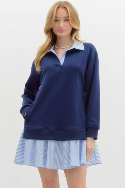 Navy/Blue Striped Collared Sweatshirt Dress