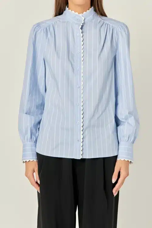 Powder Blue Scalloped Trimmed Stripe Shirt Blouse