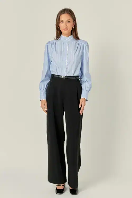 Powder Blue Scalloped Trimmed Stripe Shirt Blouse - Image 2