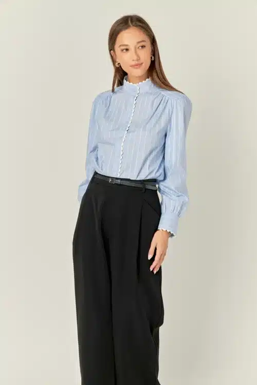 Powder Blue Scalloped Trimmed Stripe Shirt Blouse - Image 3