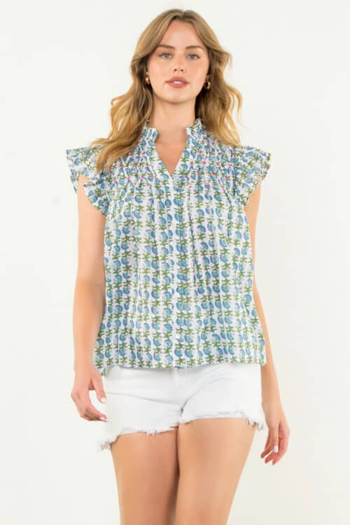 White Flutter Sleeve Print Top (1035)