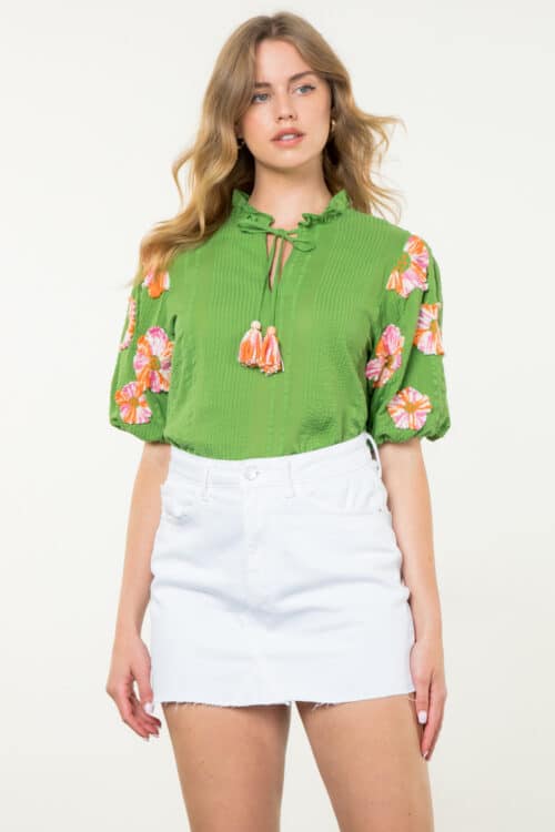 Green Hand Embroidered Puff Sleeve Top (1046)