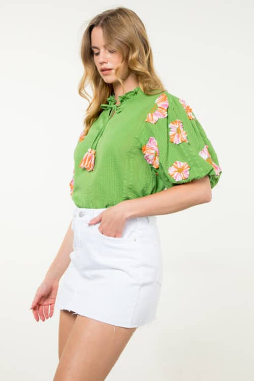 Green Hand Embroidered Puff Sleeve Top (1046) - Image 3