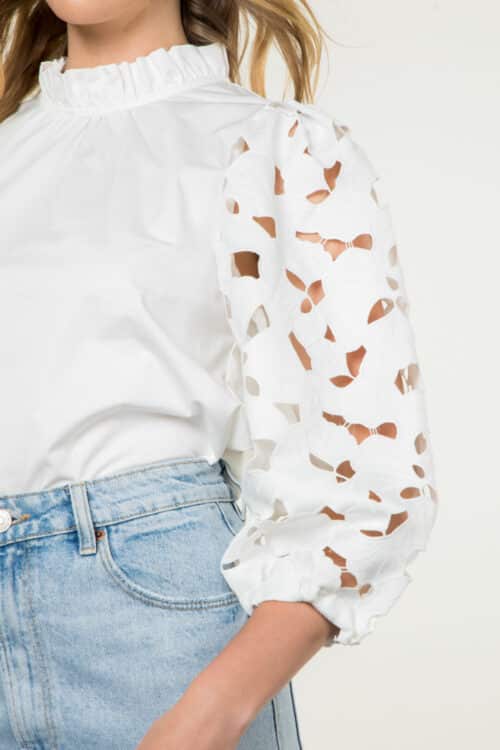 White Poplin Floral Eyelet Sleeve Top (1709) - Image 2