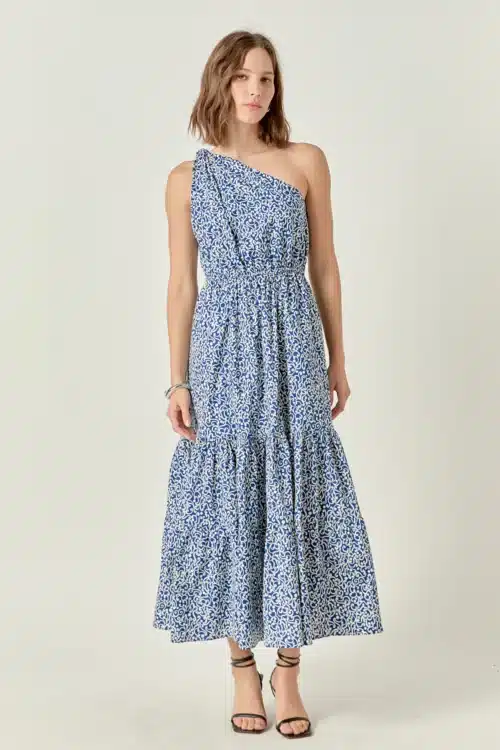 Blue Printed One Shoulder Maxi Dress