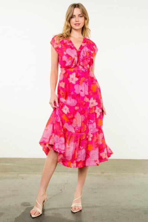 Pink Flutter Sleeve Floral Dress (1674)