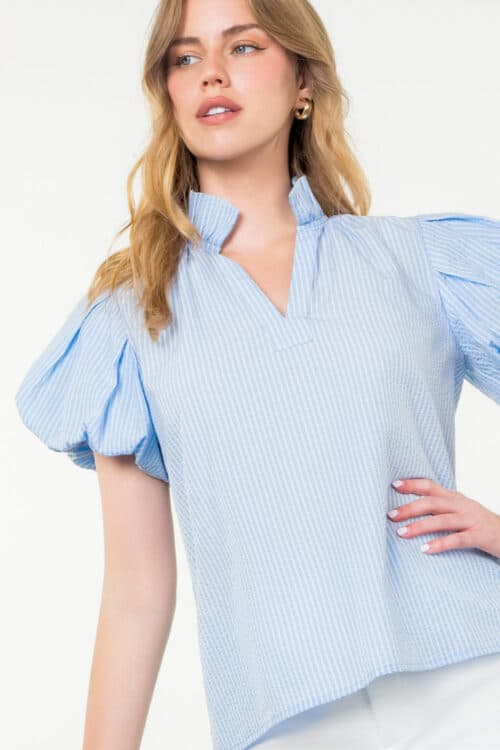 Blue Striped Puff Sleeve Top
