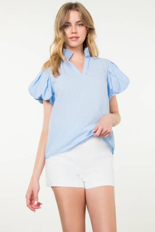 Blue Striped Puff Sleeve Top - Image 2