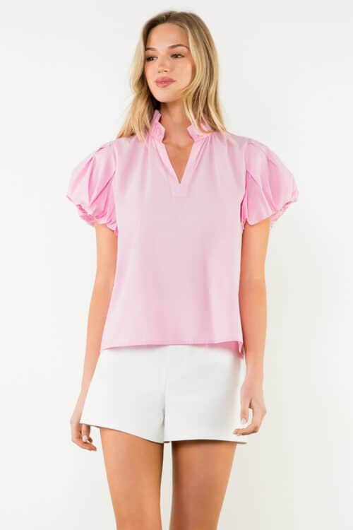 Pink Puff Sleeve V-Neck Top - Image 2