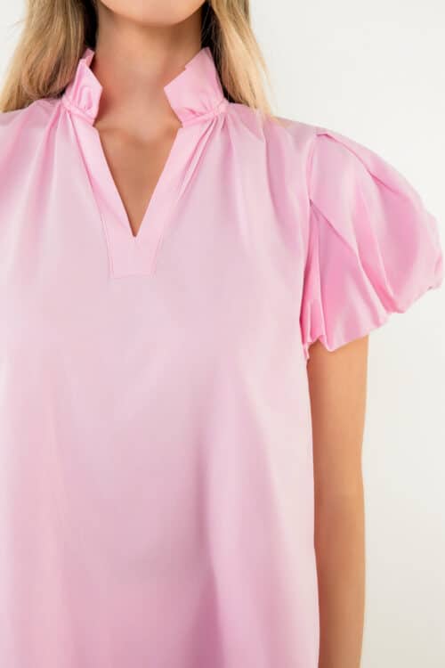Pink Puff Sleeve V-Neck Top