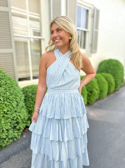 Blue and White Stripe Halter Tiered Dress