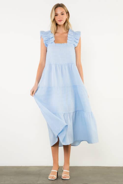Blue Flutter Sleeve Striped Tiered Dress 2189 - Image 2