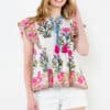White Flutter Sleeve Print Tassel Tie Top (1911)
