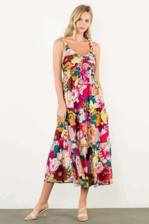 Fuchsia Floral Tiered Midi Dress