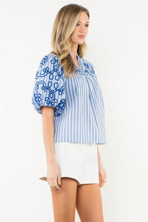 Blue Puff Sleeve Striped Emb Top (3106) - Image 3