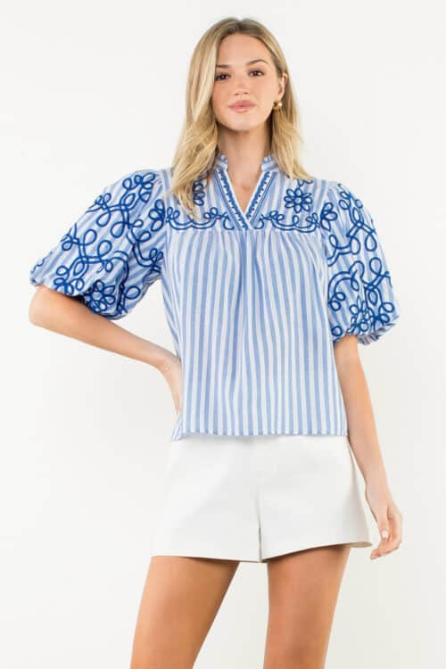 Blue Puff Sleeve Striped Emb Top (3106)