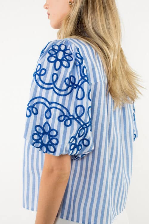 Blue Puff Sleeve Striped Emb Top (3106) - Image 2
