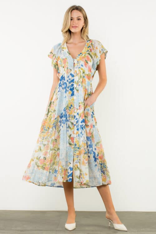 Cream Flutter Sleeve Floral Maxi Dress (3147)