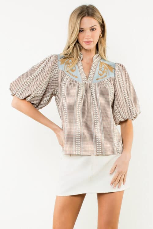 Brown Puff Sleeve Gingham Top (3261)