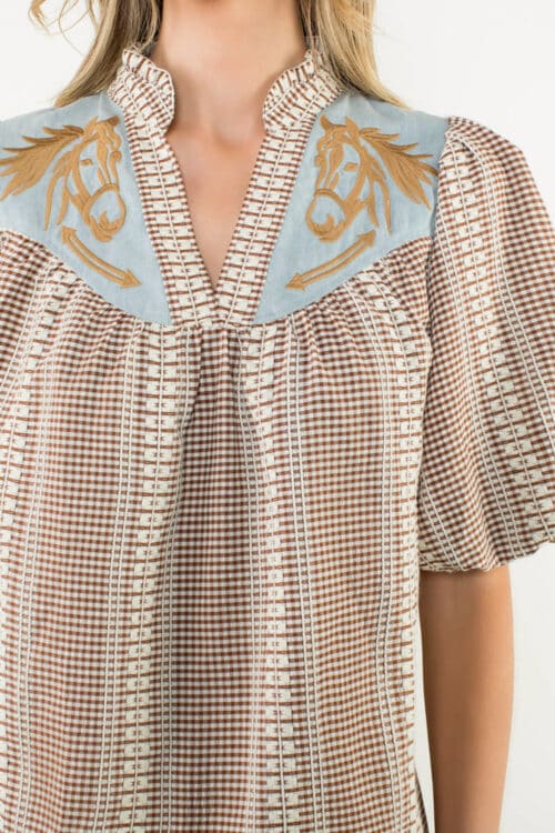 Brown Puff Sleeve Gingham Top (3261) - Image 2